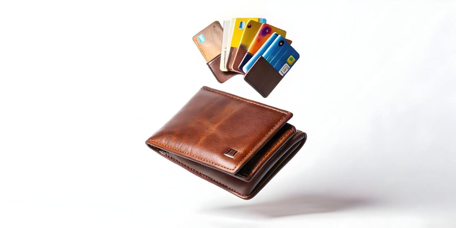 Man using slim wallet at checkout — quick access to cards